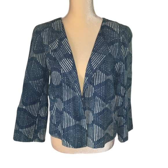 Eileen Fisher Hand Printed Organic Cotton Indigo Jacket 3/4 Sleeve Size Small - Picture 3 of 11